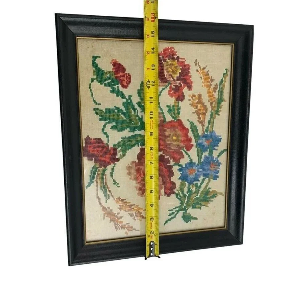 Vintage Framed Finished‎ Needlework Wall Hanging Picture Floral Cottagecore 1964